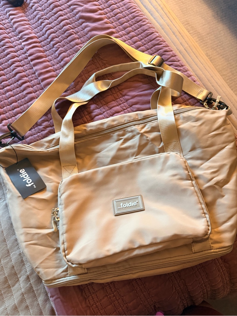 Foldie Travel Tote Bag in Beige - Foldable Carryall